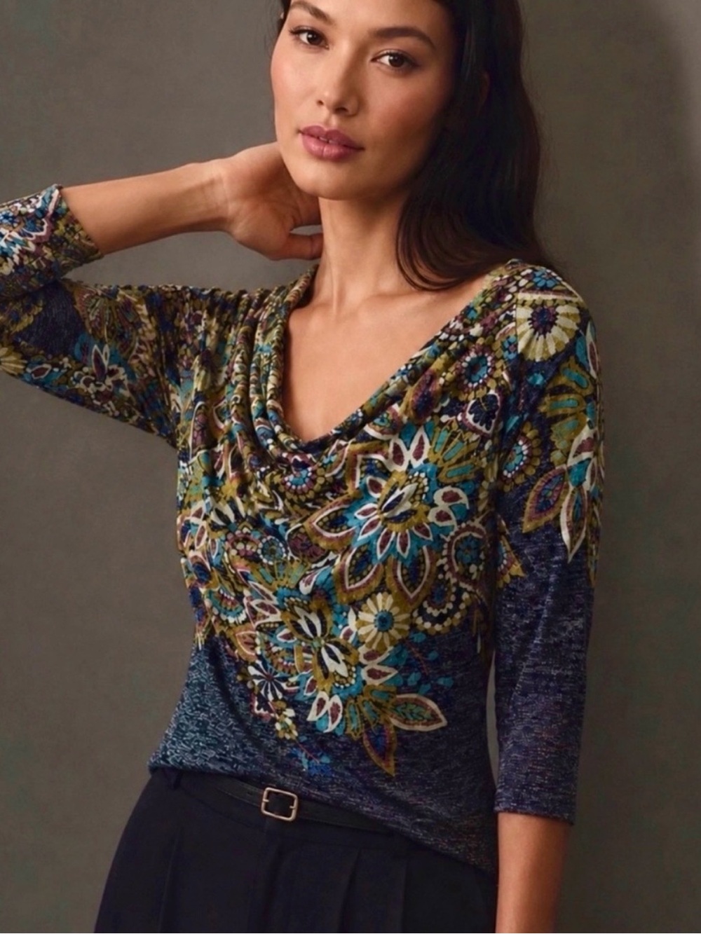 Anthropologie POSTMARK Jacaranda Floral Cowl Neck Top Size M